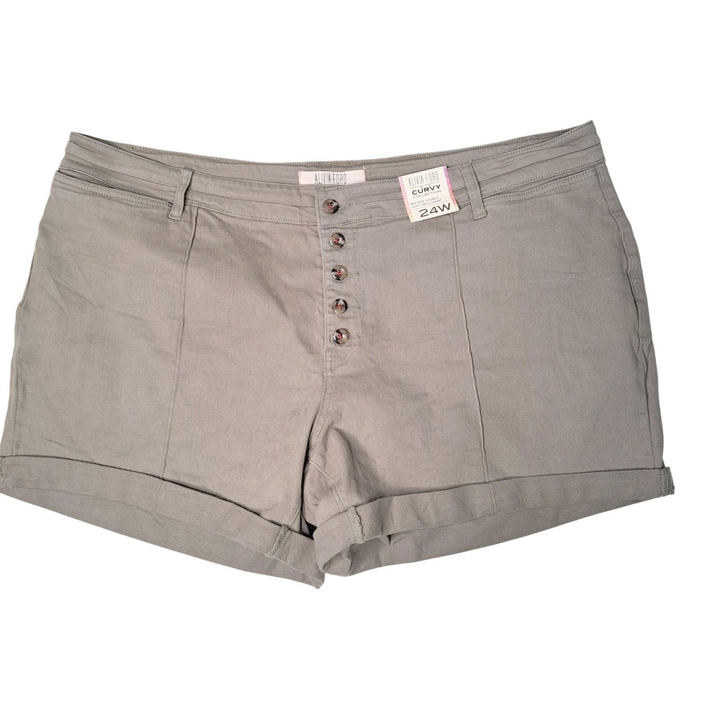 ALIVIA FORD Curvy Collection 24W Mid Rise Double Cuff Twill Shorts‎ Olive Green